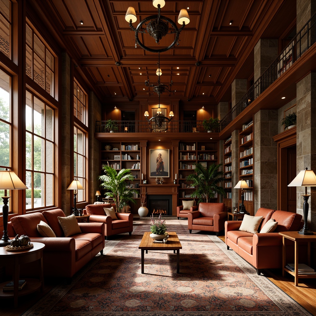 Prompt: Cozy library interior, warm traditional style, rich wood tones, ornate furnishings, comfortable reading nooks, classic bookshelves, soft warm lighting, table lamps, floor lamps, pendant lights, warm color temperature, dimmable lighting, layered lighting, ambient glow, subtle shadows, elegant chandeliers, vintage metal fixtures, rustic stone walls, plush carpeting, comfortable seating areas, peaceful atmosphere, afternoon natural light, 1/2 composition, realistic textures, soft focus.