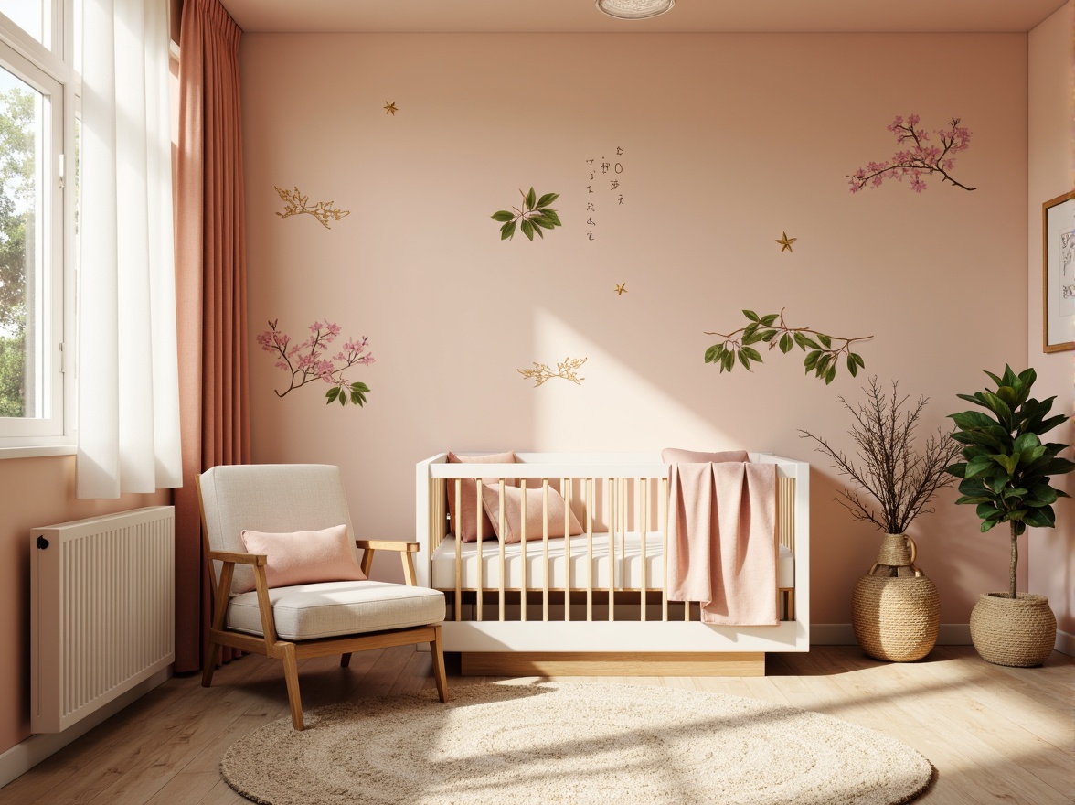 Prompt: Soft peach walls, creamy white furniture, gentle cherry blossom pink accents, warm beige carpet, natural wood crib, delicate rice paper lanterns, serene Japanese garden-inspired wallpaper, subtle golden dragon motifs, whisper-soft silk fabrics, traditional Chinese characters decals, peaceful Buddha statue, lush greenery, morning sunlight, shallow depth of field, 1/1 composition, realistic textures, ambient occlusion.