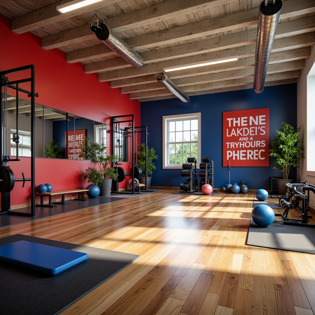 Prompt: Vibrant home gym, energetic color palette, motivational quotes, industrial-style equipment, metallic accents, bold red tones, deep blue hues, neutral beige walls, polished wooden floors, large mirrors, refreshing natural light, airy atmosphere, modern minimalist decor, sleek fitness machines, free weights, exercise mats, inspirational wall art, dynamic lighting, shallow depth of field, 1/2 composition, soft focus effect.