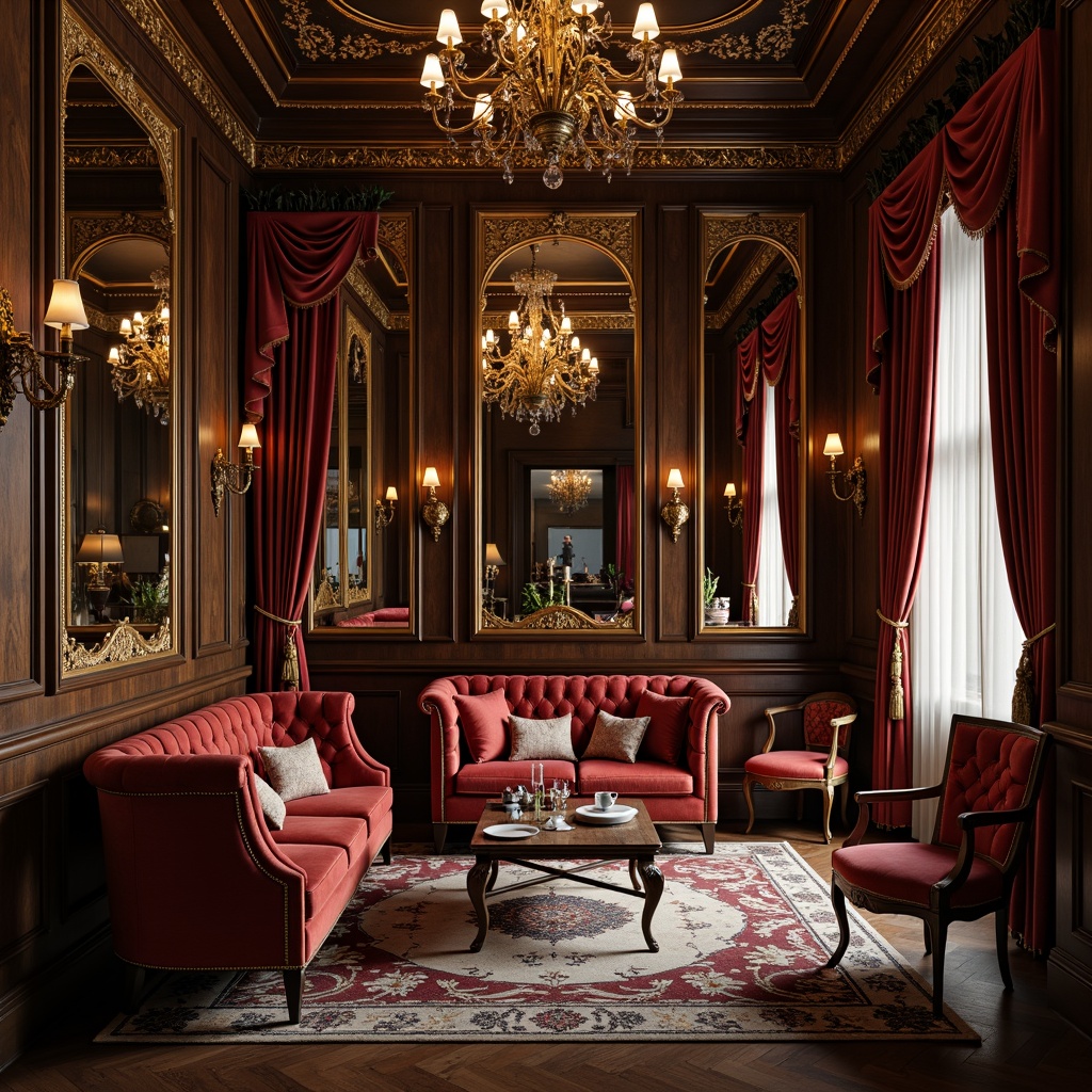 Prompt: Luxurious parlour, intricately carved wooden furniture, velvet upholstery, ornate mirrors, crystal chandeliers, rich mahogany tones, plush tufted sofas, slender legs, curved silhouettes, golden accents, intricate patterns, heavy drapery, opulent fabrics, subtle sheen, warm candlelight, dramatic shadows, 3/4 composition, shallow depth of field, realistic textures.