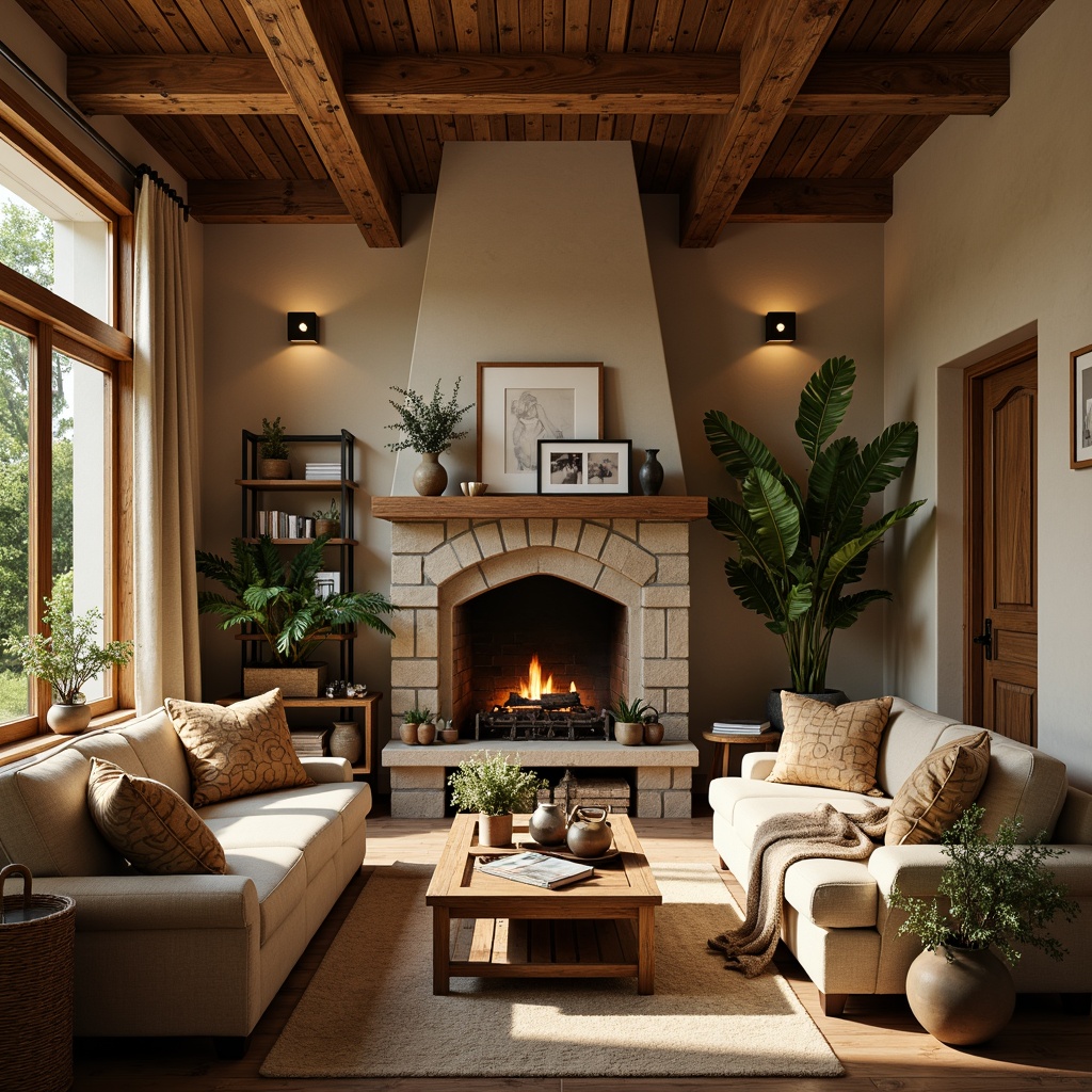 Prompt: Warm earthy tones, rich wood accents, natural stone textures, cozy fireplaces, vintage hardware, ornate moldings, distressed finishes, warm beige walls, soft sage greenery, rustic wooden beams, comfortable furnishings, plush throw blankets, warm golden lighting, shallow depth of field, 1/1 composition, realistic renderings, ambient occlusion.