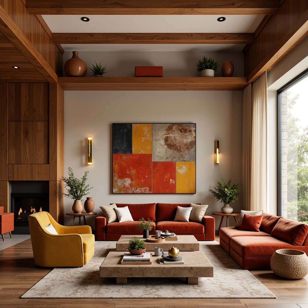 Prompt: Vibrant living room, rich wood accents, warm beige walls, plush velvet sofas, golden metal lighting fixtures, earthy terracotta vases, soft cream curtains, natural stone coffee tables, bold abstract artwork, cozy reading nooks, inviting atmosphere, warm ambient lighting, shallow depth of field, 1/2 composition, realistic textures, subtle gradient effects.