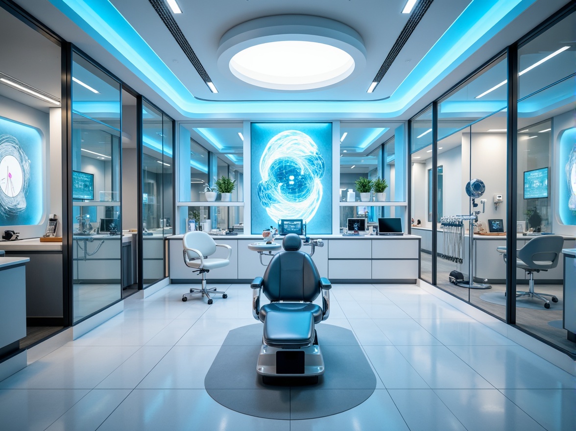 Prompt: Futuristic dental clinic, sleek metallic surfaces, neon blue accents, sterile white walls, polished chrome equipment, holographic displays, minimalist decor, ambient LED lighting, soft futuristic soundscapes, calming atmosphere, advanced medical technology, 3D printing machines, virtual reality headsets, futuristic dentist chairs, modern architecture, glass partitions, open spaces, natural light, shallow depth of field, 1/1 composition, realistic textures, subtle gradients.