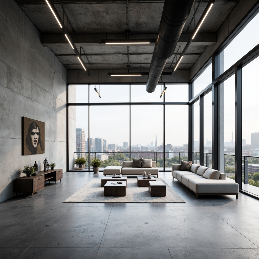 Prompt: Minimalist interior, functional furniture, industrial materials, exposed ductwork, concrete floors, metal beams, geometric shapes, monochromatic color scheme, sparse decoration, abundant natural light, floor-to-ceiling windows, sliding glass doors, urban landscape views, modern cityscape, soft diffused lighting, shallow depth of field, 1/1 composition, symmetrical arrangement, clean lines, minimalist textures, subtle ambient occlusion.