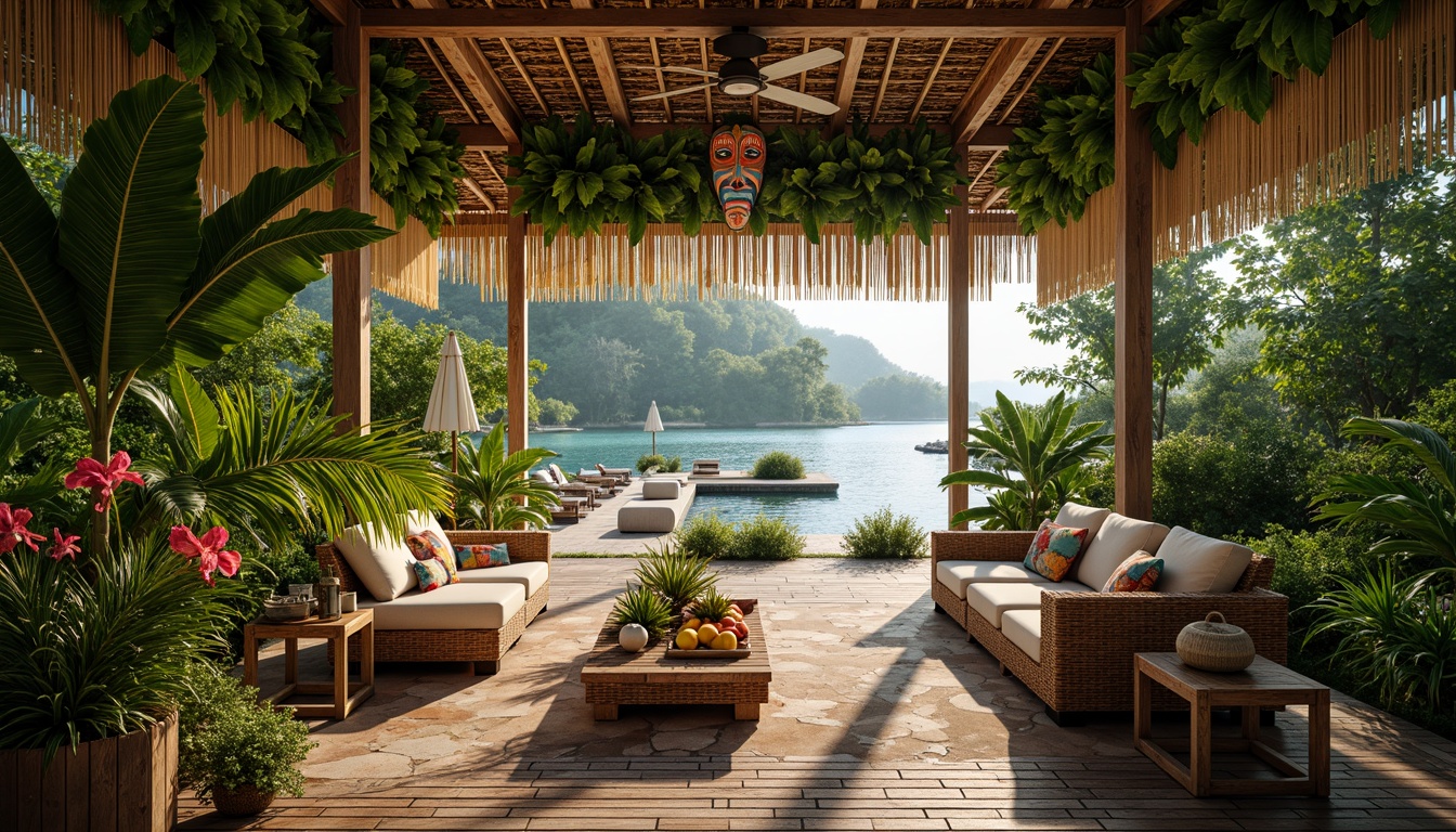 Prompt: Vibrant tropical foliage, exotic flowers, palm fronds, rattan furniture, woven bamboo textures, natural wood accents, colorful tiki masks, intricate island patterns, soft warm lighting, misty atmosphere, lush greenery, rustic wooden docks, crystal-clear waters, powdery white sandy beaches, ocean breeze, seashells, driftwood, tropical fruit arrangements, colorful sarongs, woven straw hats.