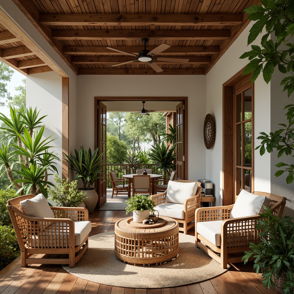 Prompt: Rustic wooden furniture, natural woven fibers, vibrant greenery, exotic plants, wicker armchairs, rattan coffee tables, carved wooden decor, tropical hardwood floors, jute rugs, linen upholstery, pastel-colored accents, soft warm lighting, shallow depth of field, 3/4 composition, realistic textures, ambient occlusion.