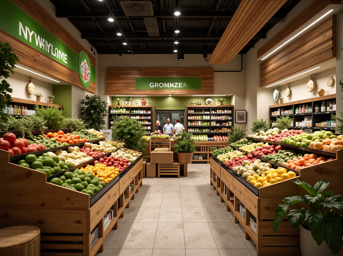 Prompt: Vibrant grocery store, fresh produce stands, wooden crates, wicker baskets, earthy tones, natural textures, warm beige walls, rich wood accents, pops of bright colors, eye-catching signage, modern LED lighting, clean lines, minimalist shelving, abundant greenery, lively atmosphere, shallow depth of field, 1/1 composition, realistic renderings, ambient occlusion.