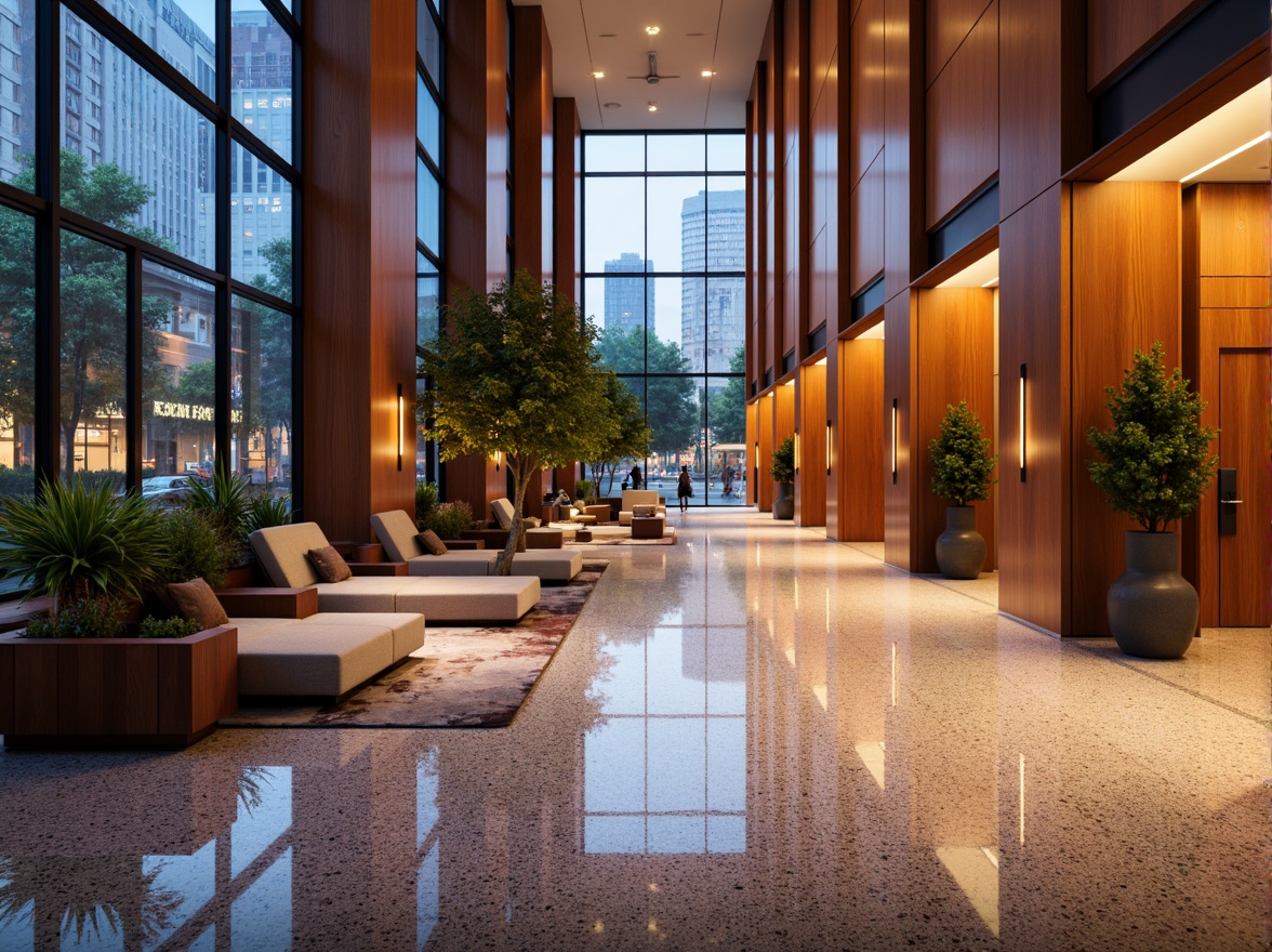 Prompt: Modern interior space, polished Terrazzo flooring, vibrant color palette, high-gloss finish, sleek lines, minimalist design, luxurious ambiance, soft warm lighting, shallow depth of field, 3/4 composition, realistic textures, ambient occlusion, commercial building, office lobby, upscale residential area, contemporary architecture, large windows, glass doors, urban cityscape.