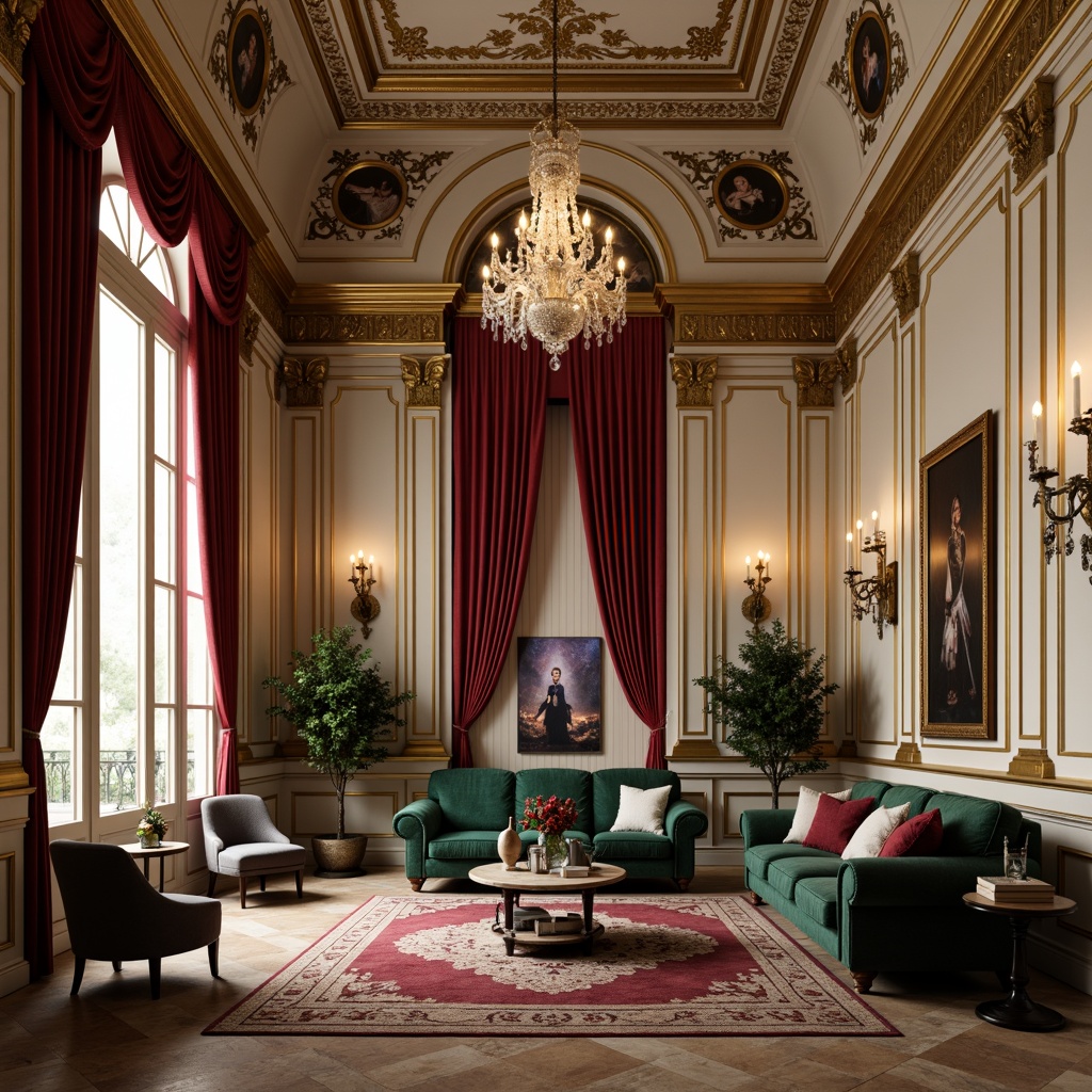 Prompt: Luxurious Baroque interior, rich velvet drapes, ornate golden frames, intricate marble patterns, lavish crystal chandeliers, soft warm candlelight, creamy ivory walls, deep jewel-toned furnishings, bold red accents, opulent emerald green, majestic purple hues, lavish bronze fixtures, elegant curved lines, dramatic high ceilings, ornate plaster details, richly textured tapestries, sophisticated neutral backgrounds, subtle sheen finishes, warm beige stone floors, dramatic shadowing, 1/1 composition, intimate ambiance.