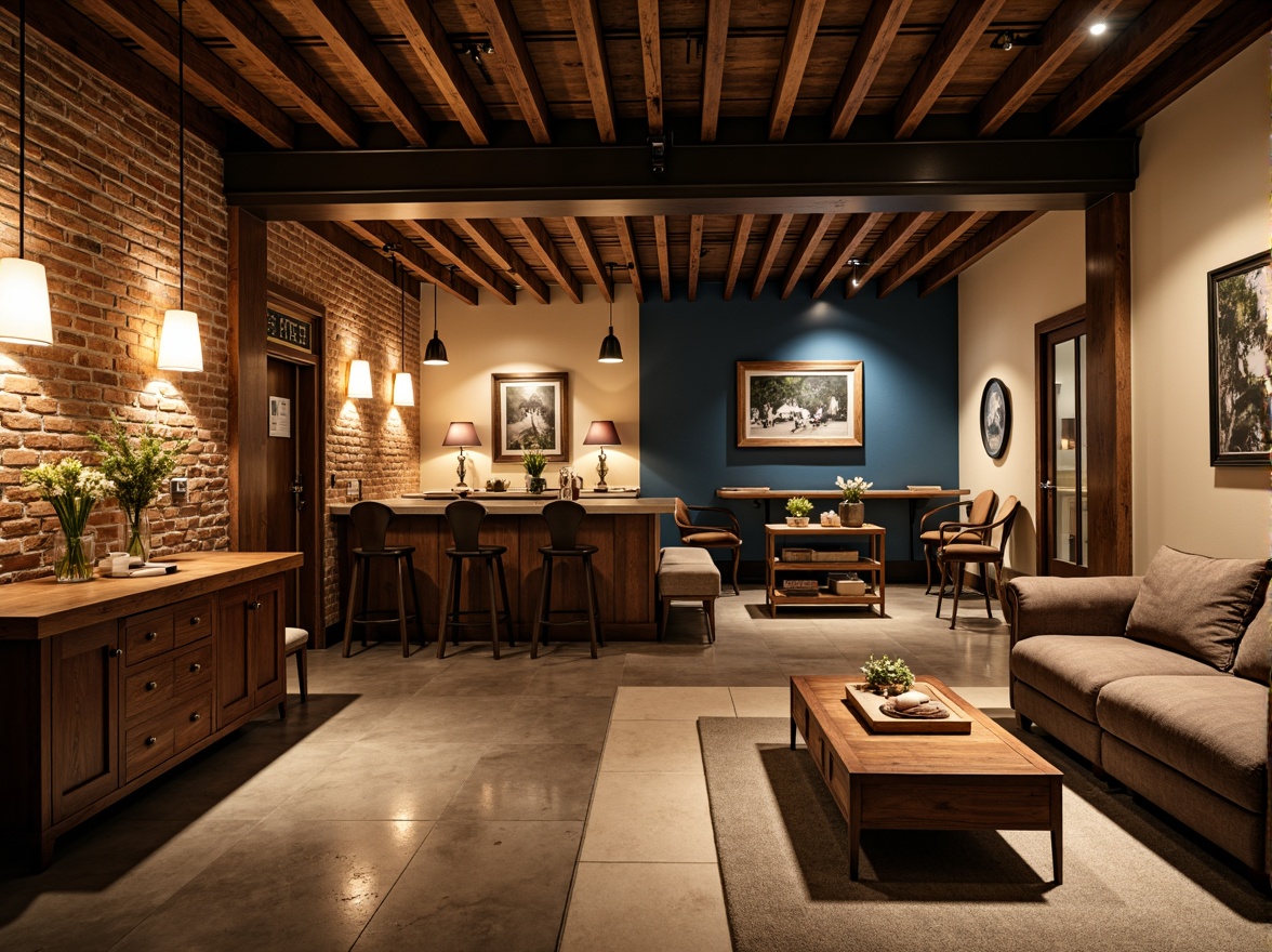 Prompt: Cozy basement, warm earthy tones, rich wood accents, soft cream walls, deep blue undertones, industrial metal beams, exposed brick textures, warm golden lighting, intimate atmosphere, comfortable seating areas, natural stone floors, rustic wooden furniture, vintage decor elements, dramatic color contrasts, bold accent walls, modern minimalist style, functional task lighting, 1/1 composition, realistic material reflections.