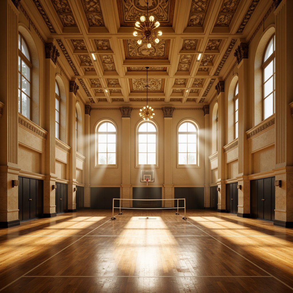 Prompt: Grand neoclassical gymnasium, high ceilings, ornate moldings, elegant chandeliers, warm golden lighting, softbox lights, track lights, suspended luminaires, athletic equipment, basketball hoops, volleyball nets, wooden floors, cream-colored walls, Corinthian columns, arched windows, natural stone fa\u00e7ade, dramatic shadows, subtle color contrast, 1/2 composition, symmetrical framing, realistic reflections, ambient occlusion.