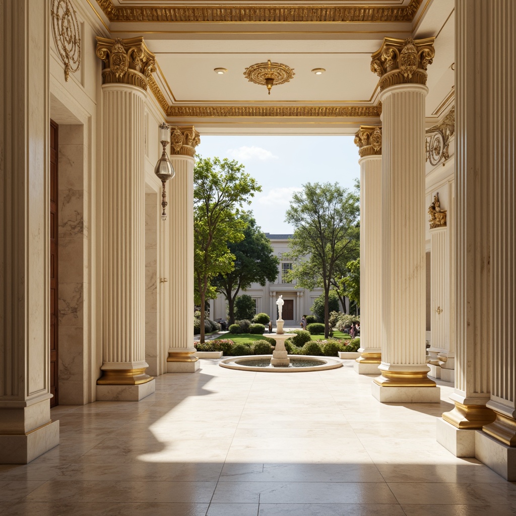 Prompt: Elegant neoclassical buildings, marble columns, ornate details, soft cream walls, rich gold accents, warm beige floors, subtle ivory textures, majestic stone statues, lush green gardens, tranquil fountain scenes, serene afternoon light, gentle shadows, shallow depth of field, 2/3 composition, symmetrical balance, realistic reflections, ambient occlusion.