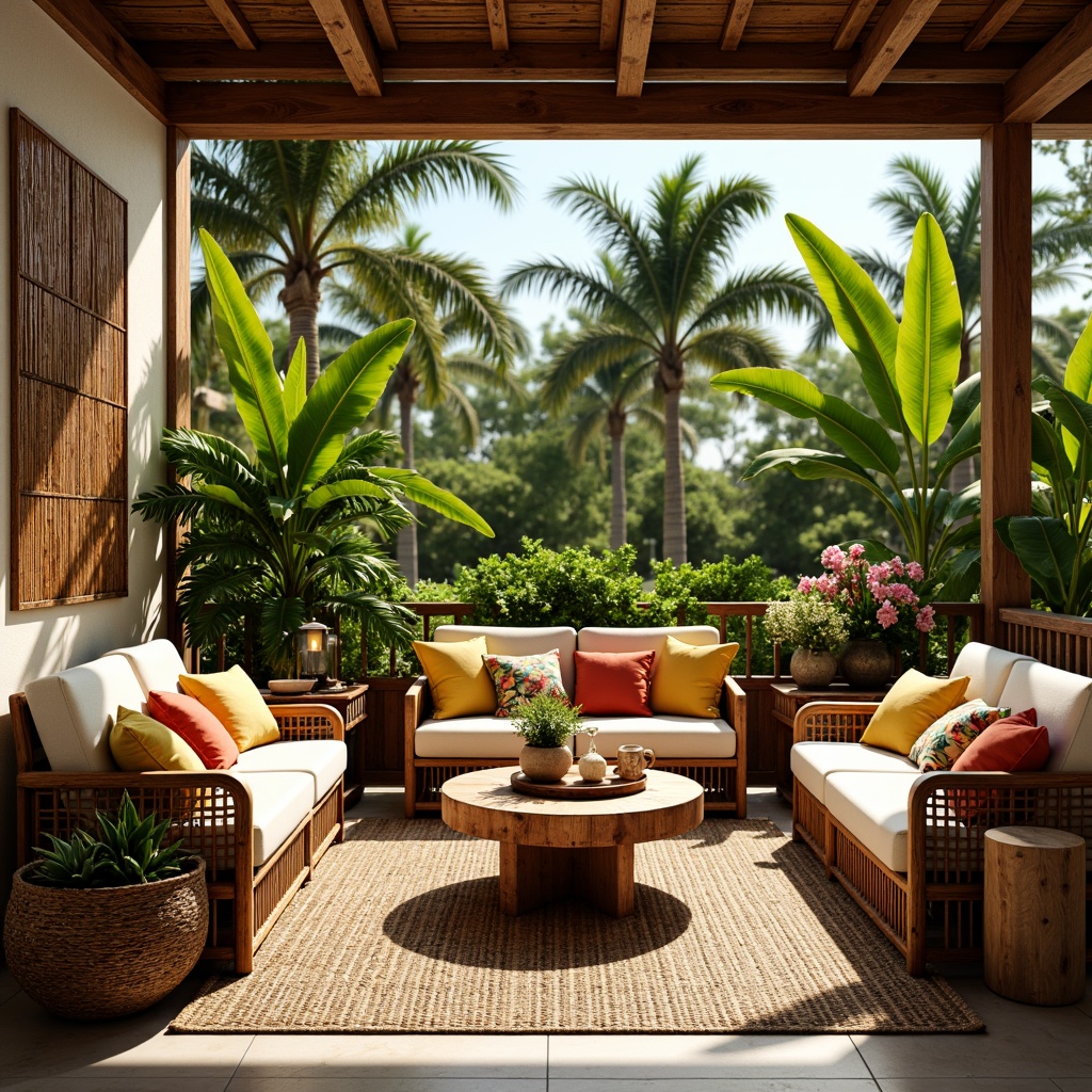 Prompt: Tropical living room, rattan furniture, wicker chairs, palm wood tables, colorful upholstery, vibrant patterned pillows, lush greenery, potted plants, natural textiles, jute rugs, woven baskets, wooden accents, bamboo decorative screens, tropical flowers, bright sunny day, soft warm lighting, shallow depth of field, 1/1 composition, realistic textures, ambient occlusion.