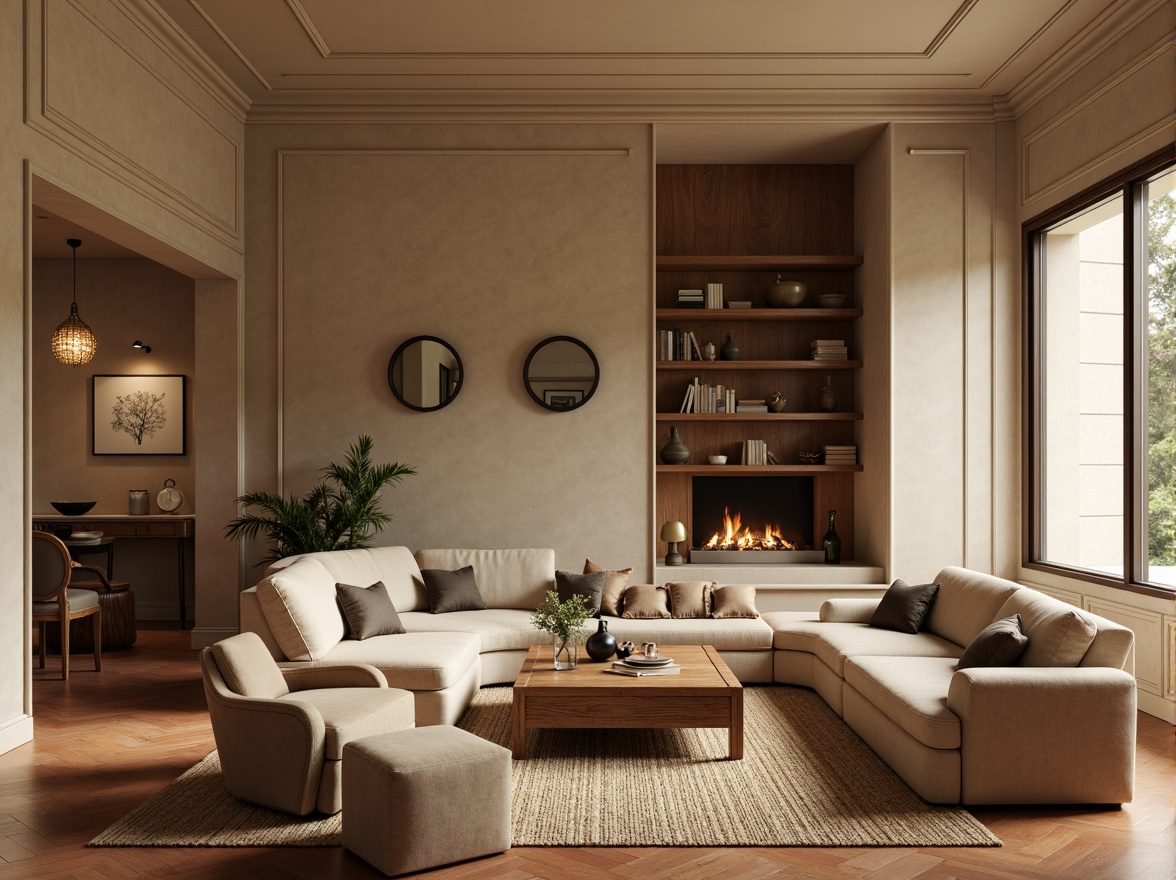 Prompt: Transitional interior space, blending modern simplicity with traditional elegance, warm beige walls, rich wood accents, comfortable plush furniture, subtle ornate details, metallic hardware, earthy terracotta flooring, natural fiber rugs, soft diffused lighting, 1/1 composition, realistic textures, ambient occlusion.