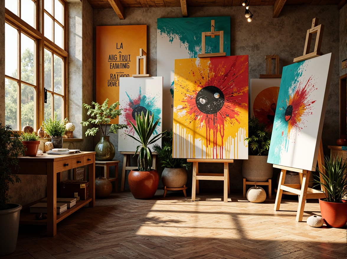 Prompt: Vibrant art studio, eclectic color scheme, bold brushstrokes, textured canvases, abstract expressionism, warm golden lighting, rich turquoise accents, deep crimson hues, burnt orange tones, creamy whites, sleek wooden easels, modern artist's workspace, inspirational quotes, artistic freedom, creative explosion, playful splatters, dynamic composition, 3/4 frame ratio, realistic color blending, ambient occlusion.