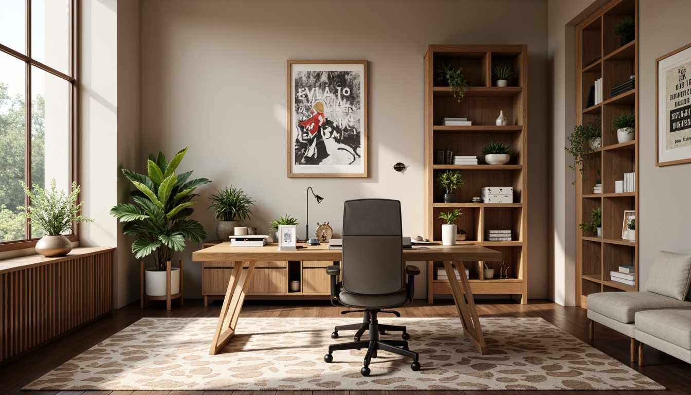 Prompt: Modern home office, sleek wooden desk, ergonomic chair, adjustable monitor stand, minimalist shelving units, industrial metal legs, geometric patterned rug, warm beige walls, large windows, natural light, soft shadows, 3/4 composition, shallow depth of field, realistic wood textures, ambient occlusion, comfortable seating area, greenery plants, inspirational quotes, artistic wall art, subtle color palette, task lighting, cozy atmosphere.