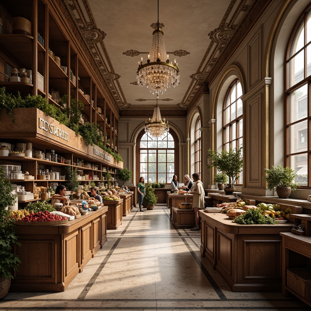 Prompt: Neoclassical grocery store, ornate plaster ceilings, crystal chandeliers, polished marble floors, wooden shelves with decorative carvings, antique bronze fixtures, distressed wood accents, vintage-style signage, soft warm lighting, subtle shadows, shallow depth of field, 1/1 composition, realistic textures, ambient occlusion.