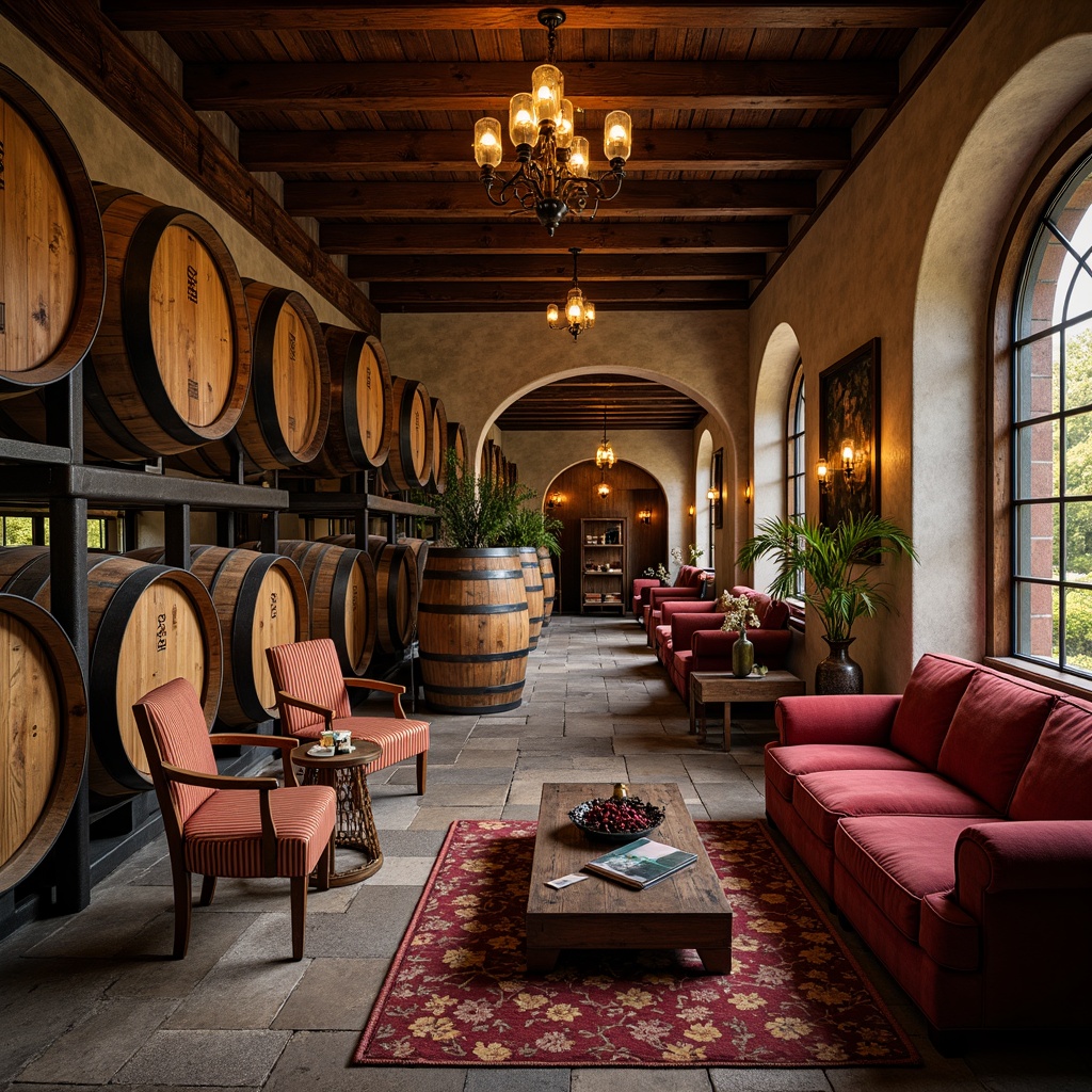 Prompt: Rustic winery interior, distressed wooden barrels, vintage wine-making equipment, rich burgundy colors, ornate metalwork, earthy stone floors, reclaimed wood accent walls, industrial-chic lighting fixtures, eclectic mix of antique and modern furniture, plush velvet sofas, ornate wooden chairs, decorative wine-themed artwork, warm golden lighting, shallow depth of field, 1/2 composition, intimate atmosphere, realistic textures, ambient occlusion.