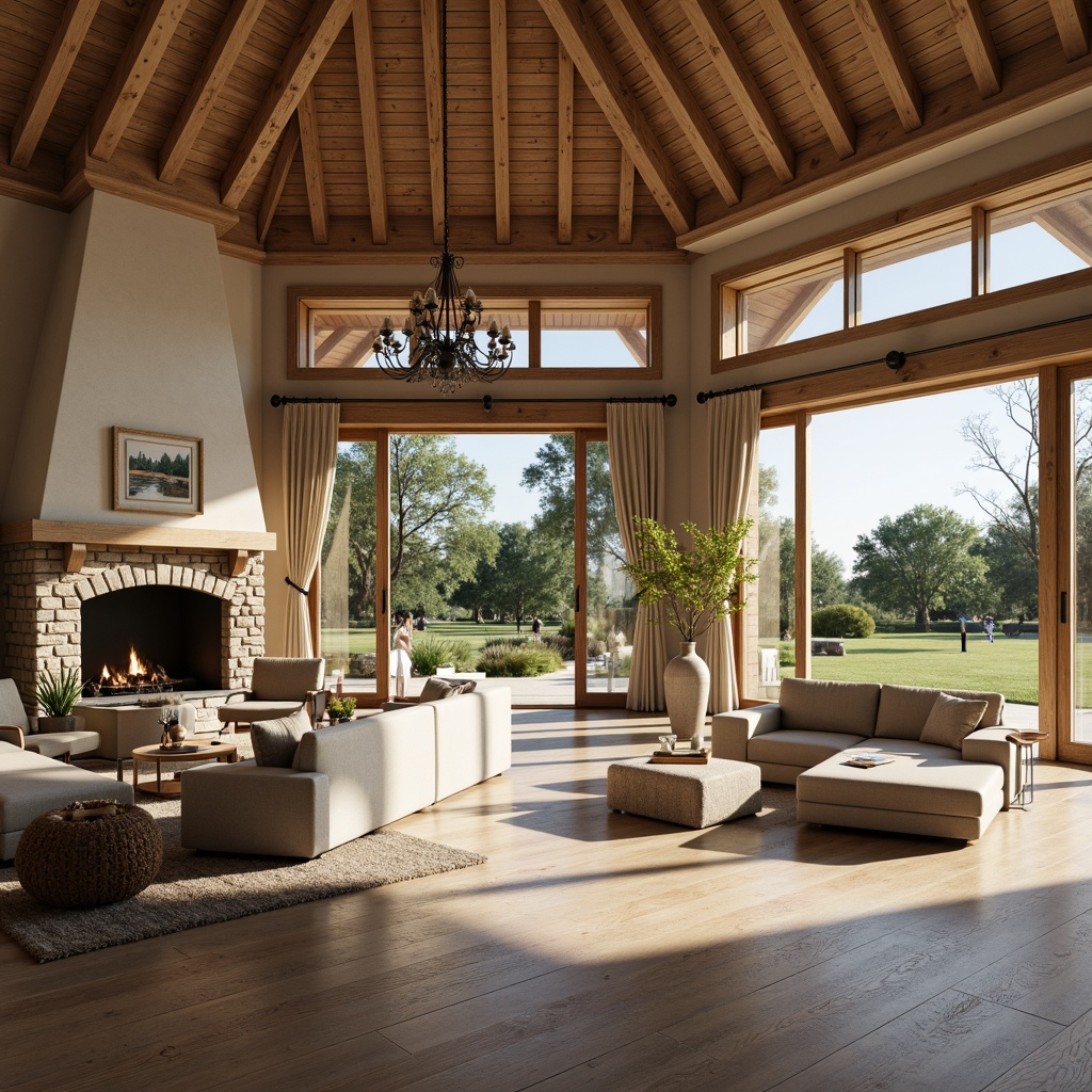 Prompt: Spacious pavilion, rustic French country home, open floor plan, high ceilings, large windows, natural light, airy atmosphere, comfortable seating area, warm wood tones, stone fireplace, elegant chandelier, soft beige walls, dark hardwood floors, minimal ornamentation, seamless transitions, flexible living spaces, multipurpose areas, effortless flow, abundant natural light, shallow depth of field, 1/1 composition, realistic textures, ambient occlusion.