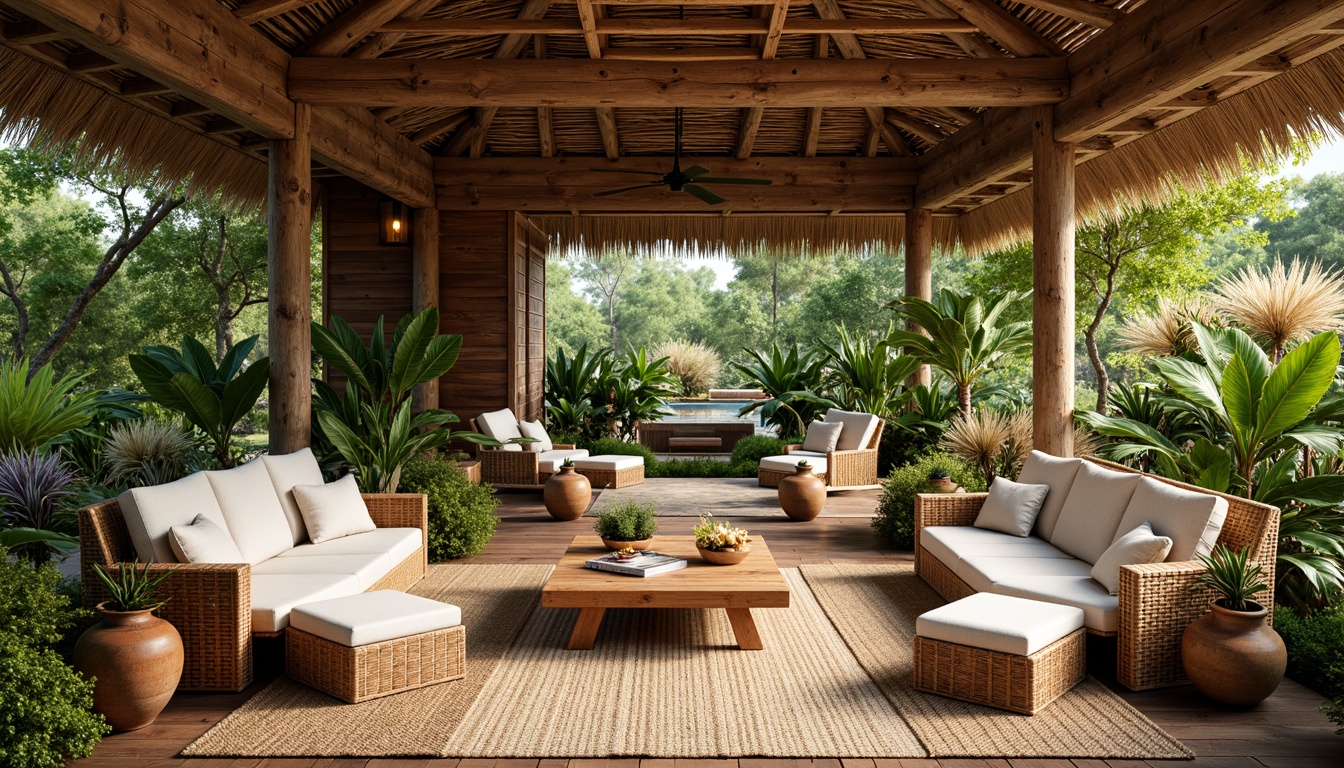 Prompt: Vibrant tropical interior, rattan and wicker furniture, natural wood accents, colorful textiles, exotic patterns, lush greenery, potted plants, water features, tranquil ambiance, soft warm lighting, comfortable seating areas, woven bamboo chairs, reclaimed wood coffee tables, jute rugs, linen upholstery, earthy tones, organic shapes, nature-inspired decor, airy spaciousness, minimal ornamentation, functional simplicity, relaxed coastal vibe.