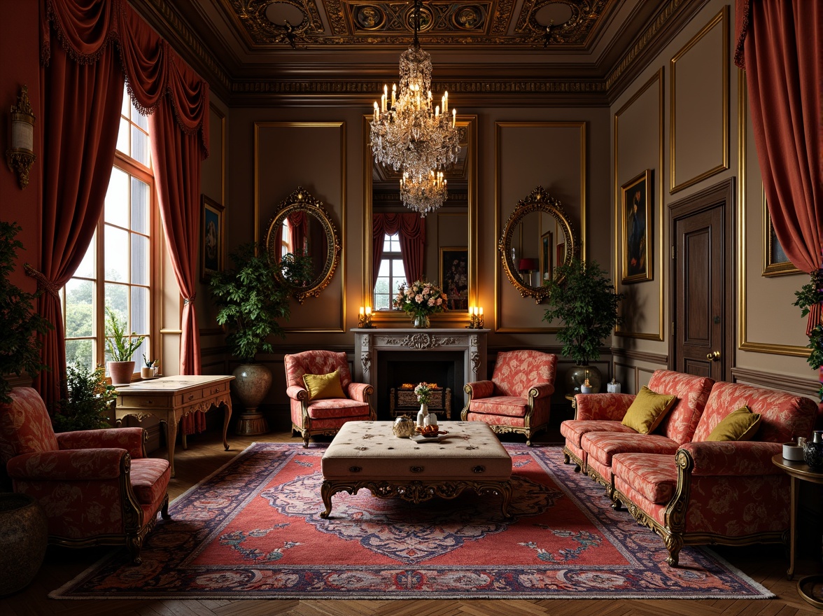 Prompt: Ornate velvet armchairs, intricately carved wooden tables, richly patterned rugs, luxurious drapery, heavy curtains, ornamental mirrors, gilded picture frames, crystal chandeliers, lavish upholstery, tufted ottomans, floral patterns, dark wood tones, opulent fabrics, golden accents, intricate moldings, grandiose scale, warm candlelight, soft focus, shallow depth of field, 1/1 composition, realistic textures, ambient occlusion.