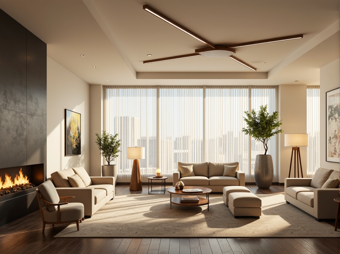 Prompt: Modern living room, sleek ceiling fixtures, warm ambient lighting, table lamps, floor lamps, soft glowing shades, metallic finishes, minimalist design, creamy white walls, dark wood furniture, cozy atmosphere, afternoon sunbeams, subtle shadows, 1/2 composition, realistic renderings, ambient occlusion.