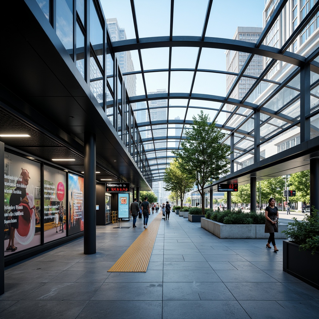 Prompt: Modern bus station, sleek metal framework, transparent glass roof, natural light illumination, clear signage systems, wayfinding directionals, bright LED displays, real-time schedule information, intuitive navigation, minimalistic design, bold font typography, high-contrast color schemes, stainless steel fixtures, durable flooring materials, spacious waiting areas, comfortable seating, urban landscape views, vibrant city atmosphere, shallow depth of field, 1/1 composition, realistic textures, ambient occlusion.