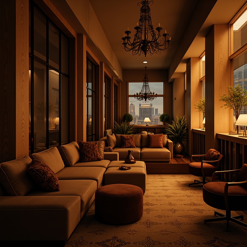 Prompt: Dimly lit cozy lounge, warm golden lighting, soft glowing ambiance, plush velvet sofas, rich wood accents, floor-to-ceiling windows, cityscape views, modern minimalist decor, subtle color palette, accent tables, decorative vases, elegant metal fixtures, sophisticated chandeliers, warm beige tones, inviting atmosphere, shallow depth of field, 1/2 composition, cinematic lighting, high contrast ratio.