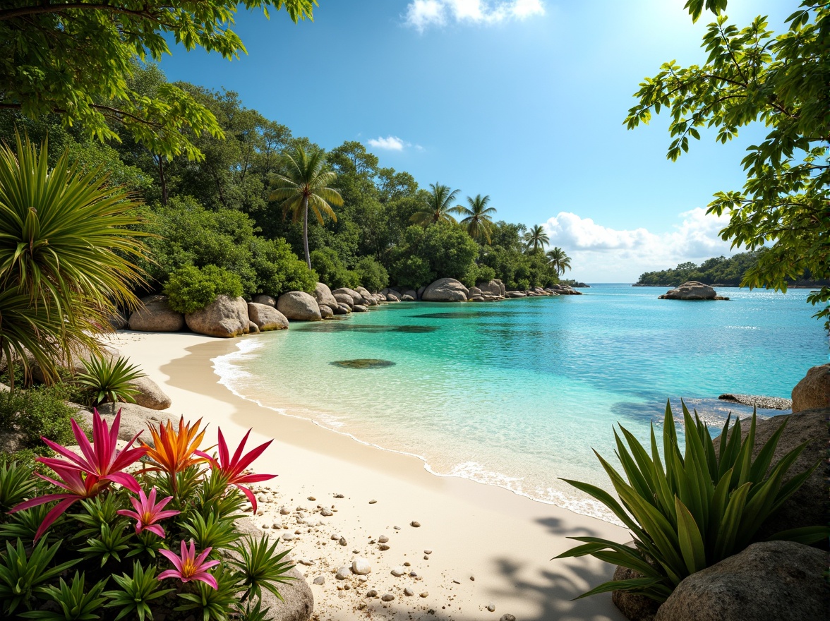 Prompt: Vibrant tropical landscape, lush green foliage, exotic flowers, warm sandy beach, crystal-clear turquoise water, bright coral reefs, sunny day, soft warm lighting, shallow depth of field, 1/1 composition, realistic textures, ambient occlusion, pastel color scheme, bold colorful accents, creamy whites, rich blues, emerald greens, golden yellows.