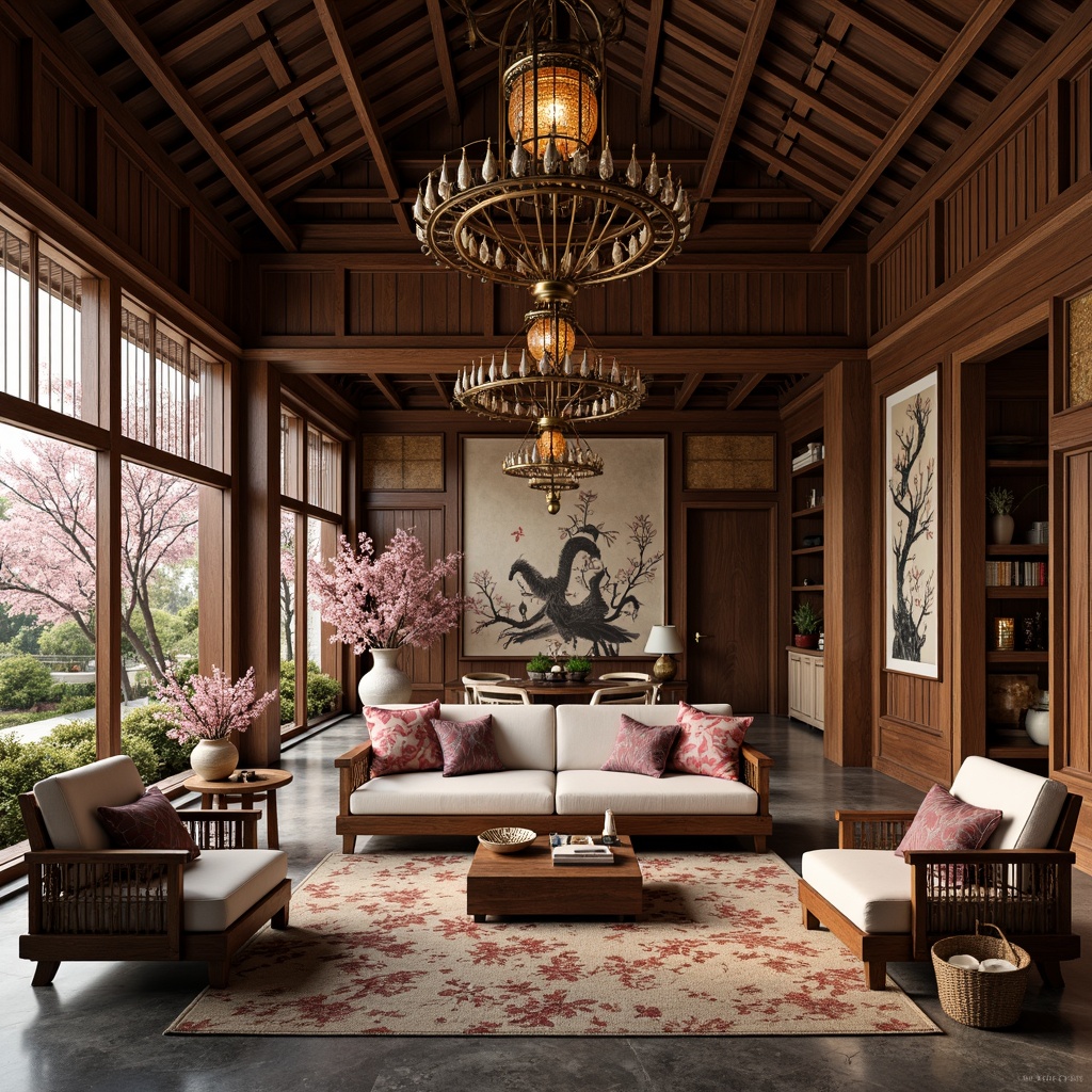 Prompt: Richly ornamented Asian-style interior, intricately carved wooden furniture, lavish silk fabrics, delicate cherry blossom patterns, subtle natural textiles, woven bamboo accents, ornate paper lanterns, hand-painted murals, golden hardware, polished stone floors, serene ambient lighting, soft warm color palette, 1/1 composition, realistic reflections, shallow depth of field.