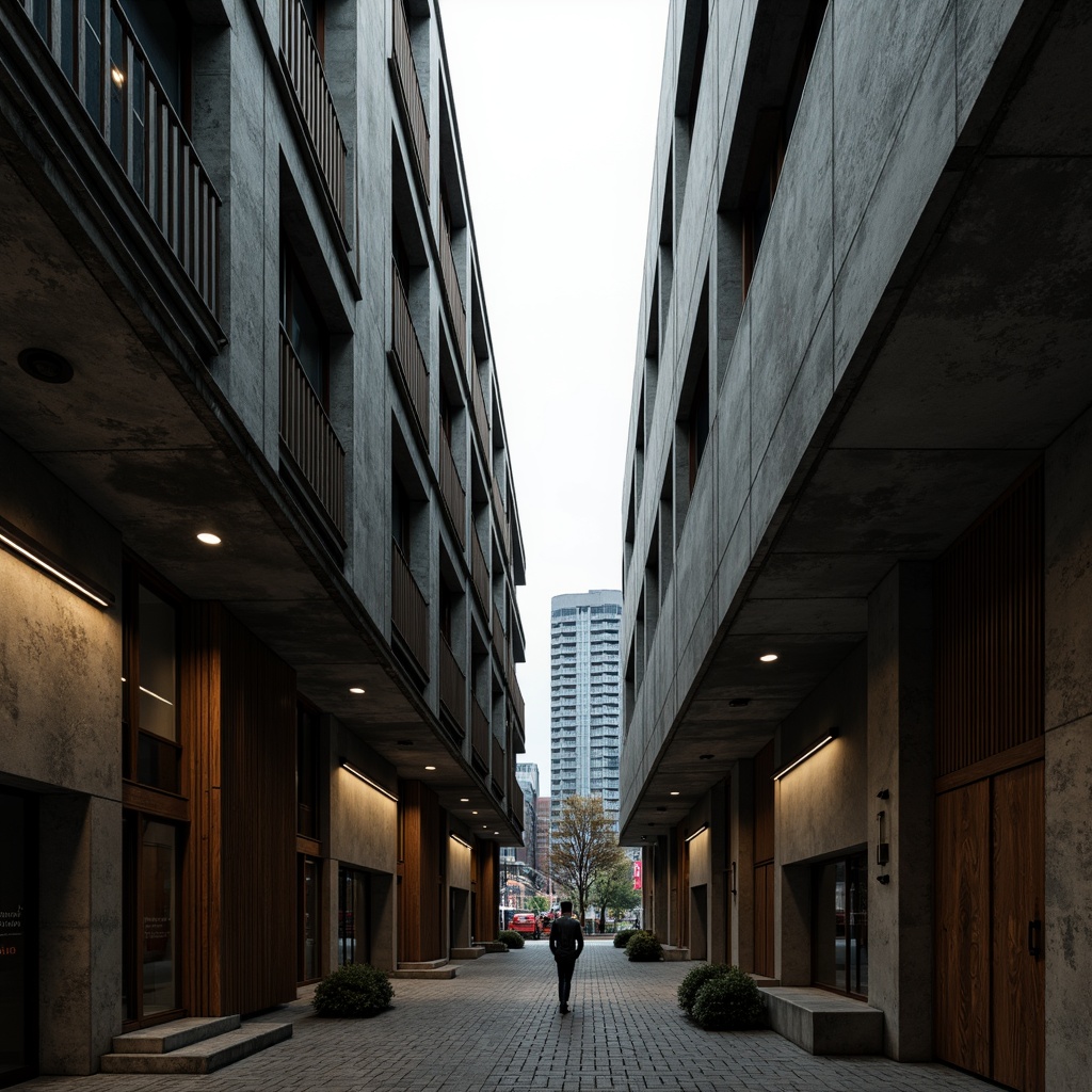 Prompt: Raw concrete textures, bold architectural forms, industrial metal accents, exposed ductwork, dramatic shadows, moody atmospheric lighting, muted color palette, earthy tones, weathered wooden elements, brutalist fa\u00e7ade, geometric patterns, urban cityscape, overcast sky, low-angle composition, high-contrast ratio, cinematic depth of field.