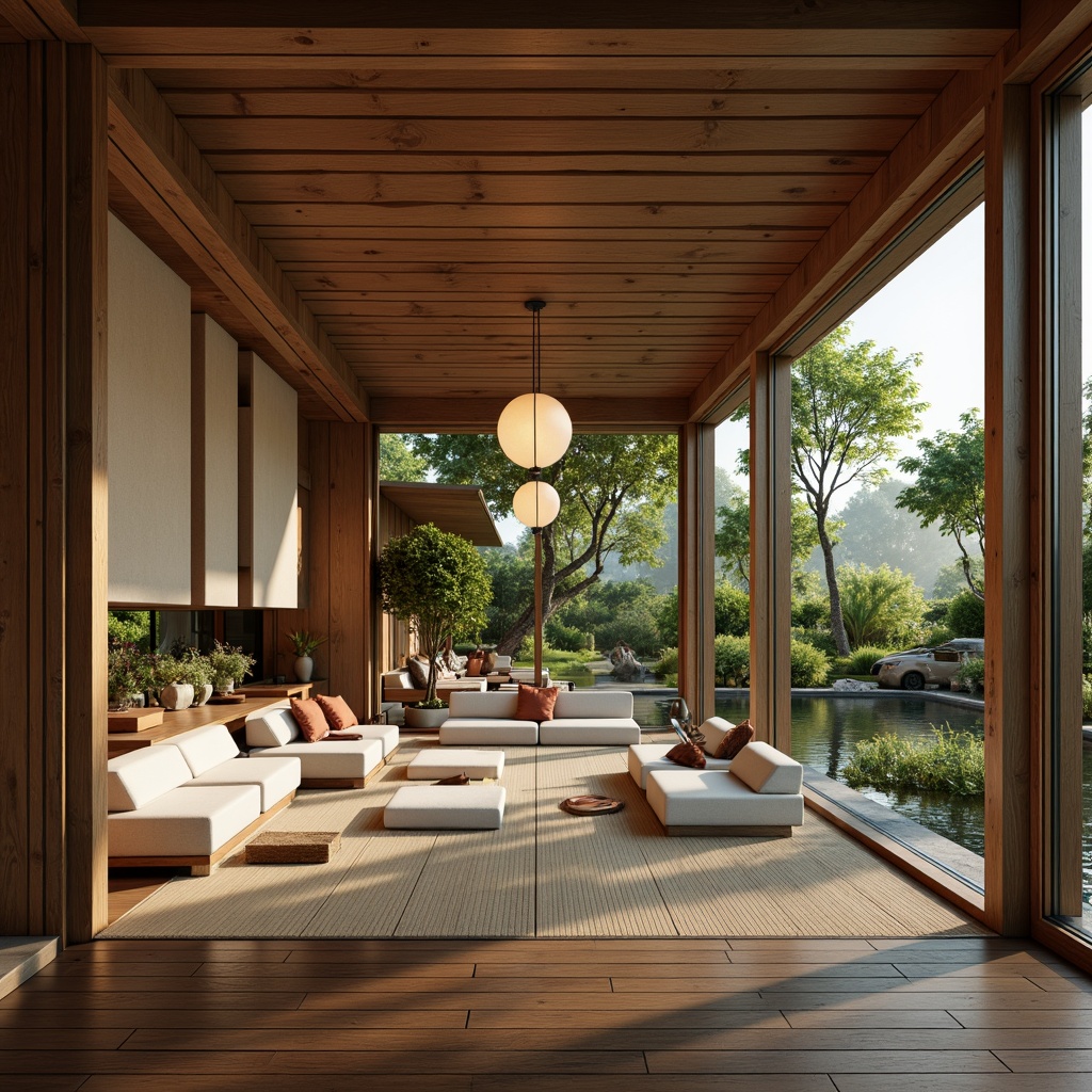 Prompt: Minimalist Asian-inspired interior, natural wood accents, paper lanterns, shoji screens, tatami mats, low-seating furniture, sliding glass doors, serene water features, lush greenery, bonsai trees, soft warm lighting, subtle shadows, 1/1 composition, shallow depth of field, realistic textures, ambient occlusion.