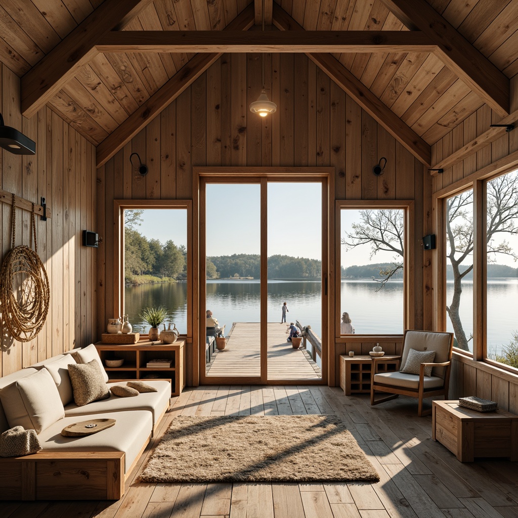 Prompt: Rustic wooden boathouse, natural lake surroundings, serene water reflections, weathered wood accents, soft beige tones, creamy whites, warm golden lighting, cozy interior spaces, plush area rugs, minimalist decor, industrial metal fixtures, reclaimed wood walls, large windows, sliding glass doors, nautical-themed accessories, vintage fishing nets, distressed wooden crates, earthy brown colors, warm beige textures, shallow depth of field, 1/1 composition, soft focus effect, realistic water reflections.