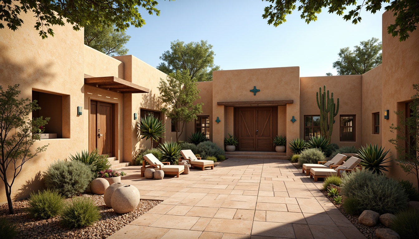 Prompt: Vibrant adobe architecture, earthy tones, warm beige stucco, rustic wooden accents, turquoise decorative elements, traditional southwestern patterns, natural stone flooring, earthy ceramic tiles, abundant cacti, lush greenery, bright sunny day, soft warm lighting, shallow depth of field, 3/4 composition, panoramic view, realistic textures, ambient occlusion.