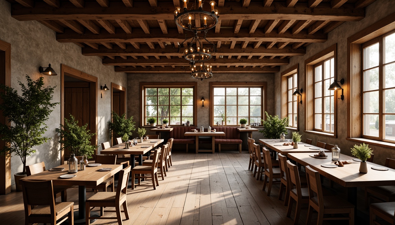 Prompt: Rustic farmhouse dining hall, wooden beams, distressed finishes, vintage chandeliers, pendant lamps, metal lanterns, candlelight, soft warm glow, natural textures, earthy tones, stone walls, reclaimed wood tables, antique furniture, cozy atmosphere, intimate setting, morning sunlight, large windows, sheer curtains, subtle shadows, 1/1 composition, realistic rendering, ambient occlusion.