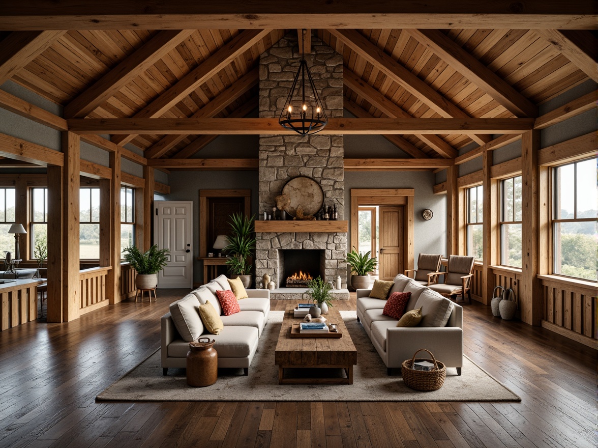 Prompt: Rustic farmhouse, open floor plan, wooden beams, natural stone walls, reclaimed wood flooring, cozy fireplace, plush sofas, vintage decor, earthy color palette, soft warm lighting, shallow depth of field, 1/1 composition, panoramic view, realistic textures, ambient occlusion.