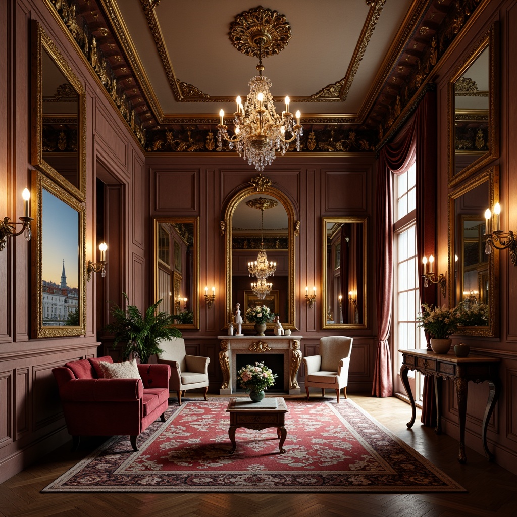 Prompt: Elegant neoclassical interior, ornate mirrors, velvet upholstery, gilded frames, carved wooden furniture, marble tops, crystal chandeliers, symmetrical composition, rich jewel tones, soft warm lighting, subtle shading, luxurious textiles, intricate patterns, classical motifs, refined proportions, sophisticated ambiance, serene atmosphere, 1/1 composition, realistic reflections.