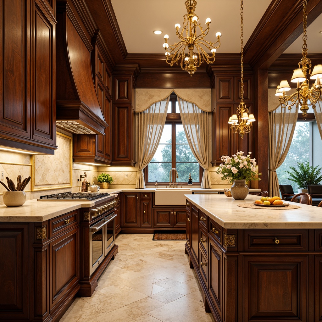 Prompt: Ornate kitchen cabinetry, rich wood tones, golden hardware, intricately carved details, creamy marble countertops, warm beige backsplashes, elegant crown molding, rustic stone flooring, grandiose chandeliers, soft warm lighting, shallow depth of field, 3/4 composition, panoramic view, realistic textures, ambient occlusion.