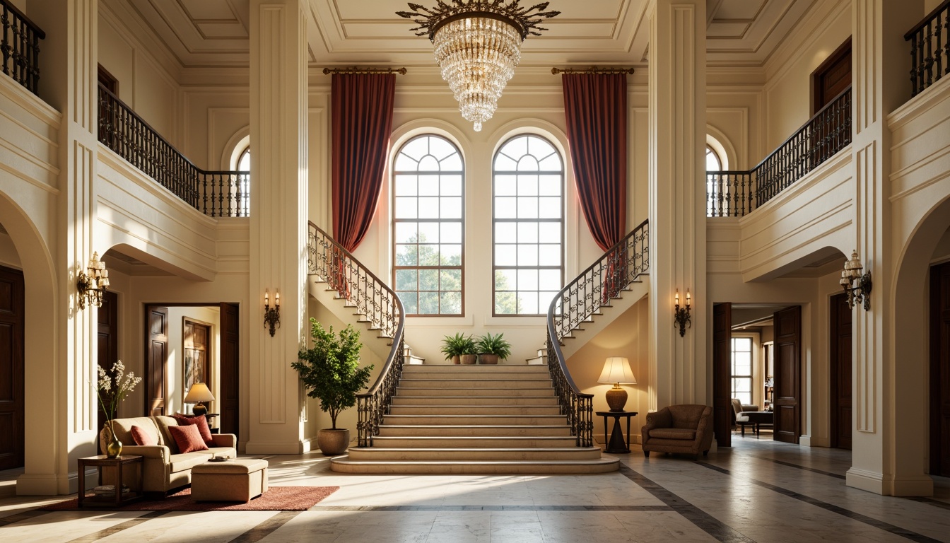 Prompt: Elegant chandelier, crystal droplets, ornate metalwork, cream-colored walls, rich wood tones, high ceilings, grand staircase, marble floors, luxurious furnishings, soft warm glow, golden accents, subtle shadows, dramatic vertical lines, opulent drapery, lavish textiles, intricate moldings, refined proportions, symmetrical composition, classical archways, sophisticated color palette, ambient lighting, crystal sconces, bronze fixtures, ornate corbels.