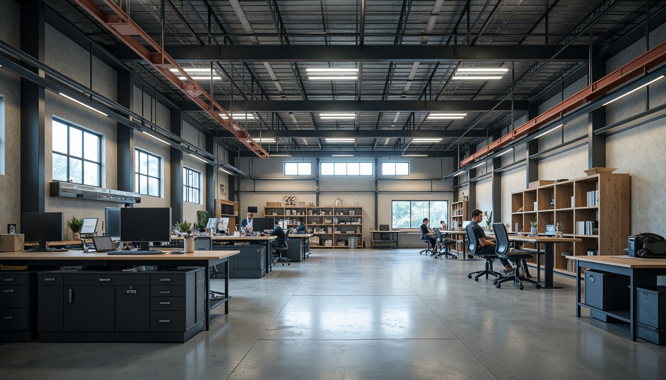 Prompt: Functional industrial space, high ceilings, polished concrete floors, metallic beams, sleek machinery, efficient workflow layout, organized storage systems, adjustable shelving units, ergonomic workstations, task-oriented lighting, soft ambient glow, 3/4 composition, shallow depth of field, realistic textures, subtle color palette.