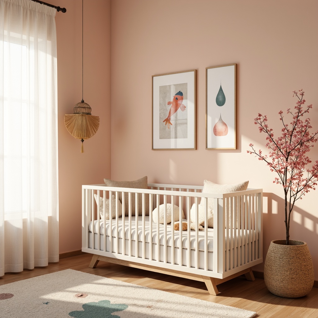 Prompt: Soft peach walls, creamy white furniture, gentle cherry blossom accents, delicate bamboo textures, natural woven baskets, tranquil water-inspired colors, serene koi fish motifs, subtle Japanese wave patterns, warm golden lighting, cozy plush carpets, minimalist crib design, soft sheer curtains, calming nature-inspired art pieces, peaceful Asian-style decor.