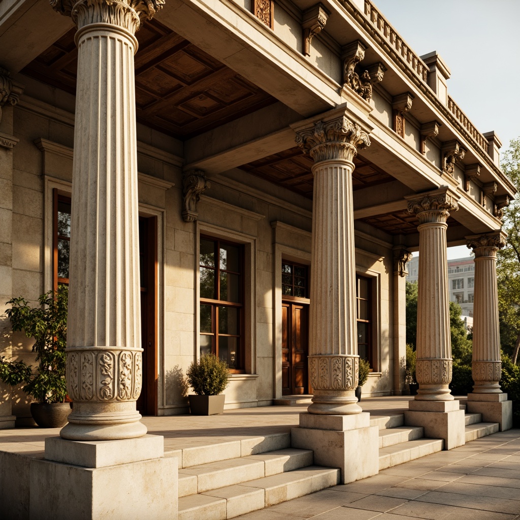 Prompt: Ornate columns, intricately carved capitals, fluted shafts, classical orders, Doric style, limestone material, weathered patina, ornamental volutes, acanthus leaf motifs, rustic stone foundation, grand entranceway, symmetrical facade, majestic proportions, warm golden lighting, soft focus, shallow depth of field, 1/1 composition, realistic textures, ambient occlusion.