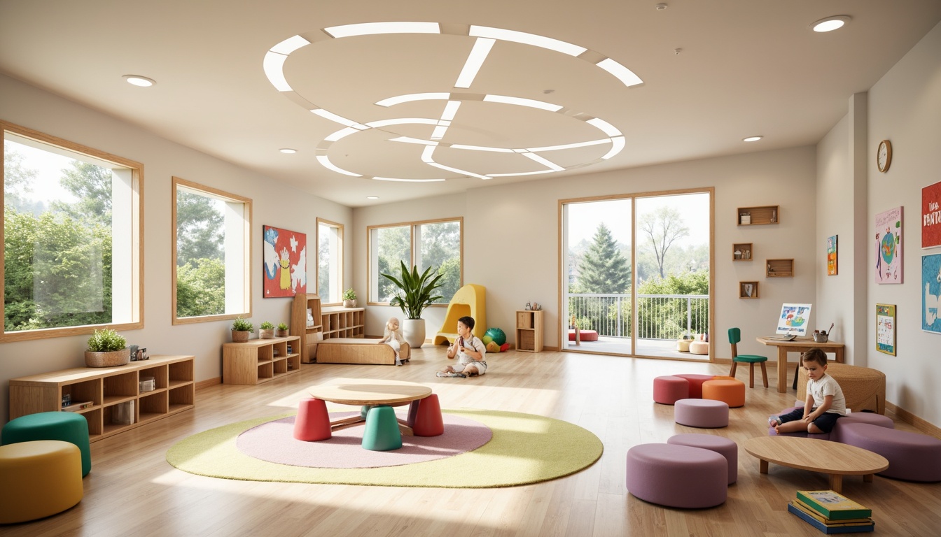 Prompt: Minimalist kindergarten interior, open spaces, natural light, wooden flooring, modern streamline design, curved lines, circular shapes, vibrant color accents, playful patterns, educational wall graphics, interactive play zones, soft cushions, rounded furniture edges, safety gates, kid-friendly materials, airy atmosphere, soft diffused lighting, shallow depth of field, 1/1 composition, panoramic view, realistic textures, ambient occlusion.