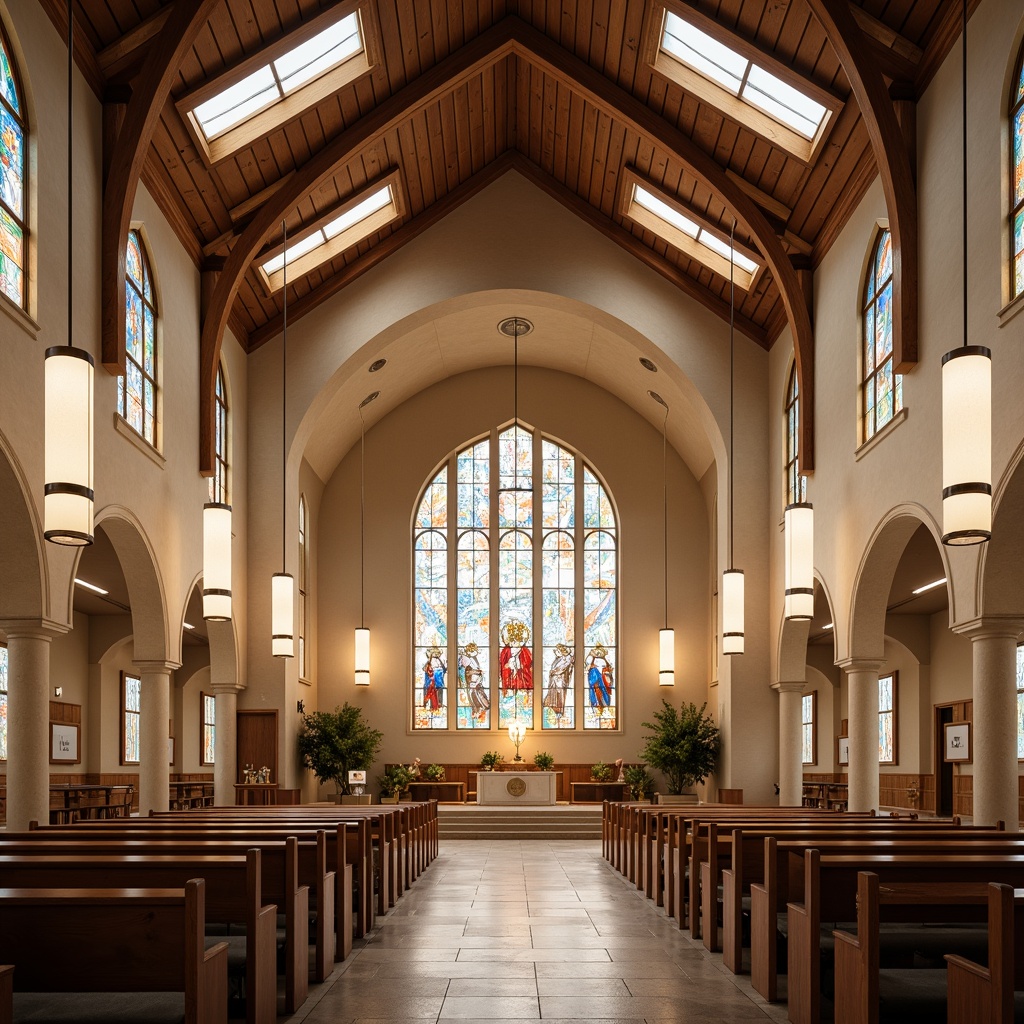 Prompt: Contemporary church interior, high ceilings, stained glass windows, ornate chandeliers, warm soft lighting, subtle color temperatures, ambient illumination, dramatic spotlights, LED light strips, minimalist fixtures, elegant pendants, natural daylight, clerestory windows, vaulted arches, rustic wooden accents, cream-colored stone walls, sophisticated ambiance, spiritual atmosphere, warm beige tones, gentle shadows, 1/1 composition, soft focus, subtle highlights.