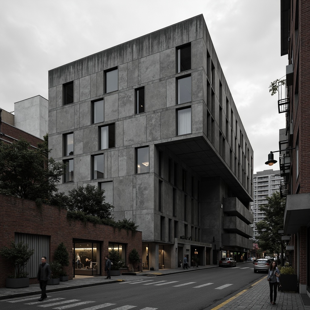 Prompt: Raw concrete textures, industrial brutalism architecture, bold monochromatic color scheme, dark grey tones, weathered steel accents, rugged stone walls, urban cityscape backdrop, overcast skies, dramatic shadows, high-contrast lighting, cinematic composition, 2.35