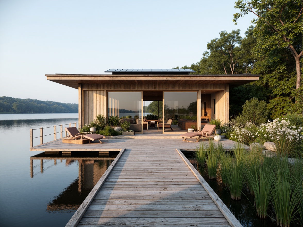 Prompt: Weathered wooden dock, serene lake views, minimalist boathouse design, eco-friendly materials, reclaimed wood accents, natural textiles, energy-efficient systems, solar panels, green roofs, living walls, aquatic plants, rustic metal details, nautical ropes, soft warm lighting, shallow depth of field, 1/1 composition, realistic textures, ambient occlusion.