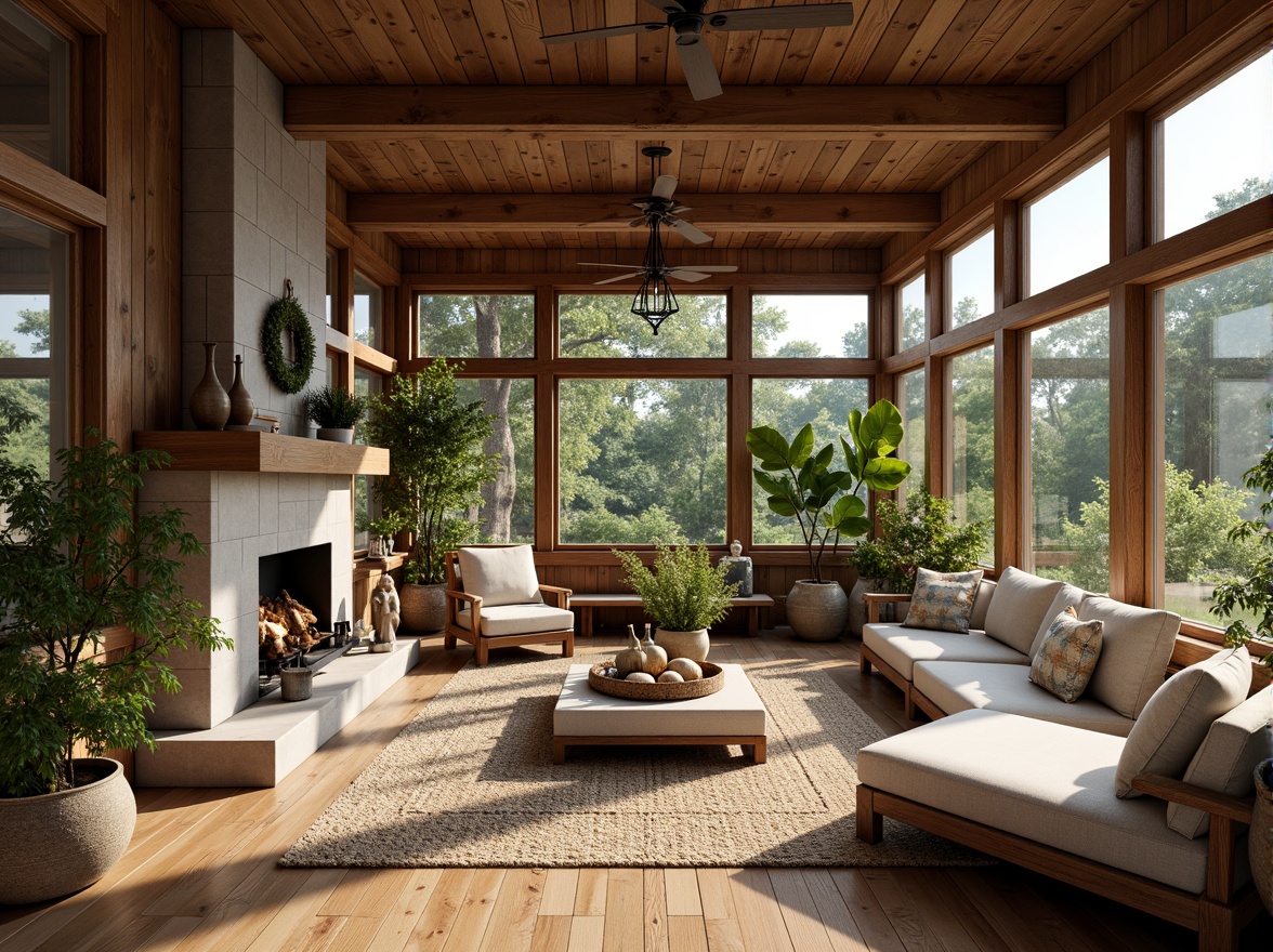 Prompt: Cozy sunroom, wooden accents, rustic charm, natural textures, earthy tones, reclaimed wood walls, wooden beams, vintage windows, plush furnishings, soft cushions, warm lighting, crackling fireplace, stone surround, lush greenery, outdoor views, nature-inspired decor, botanical prints, woven baskets, jute rugs, organic shapes, earthy scents, morning sunlight, shallow depth of field, 1/1 composition, realistic textures.