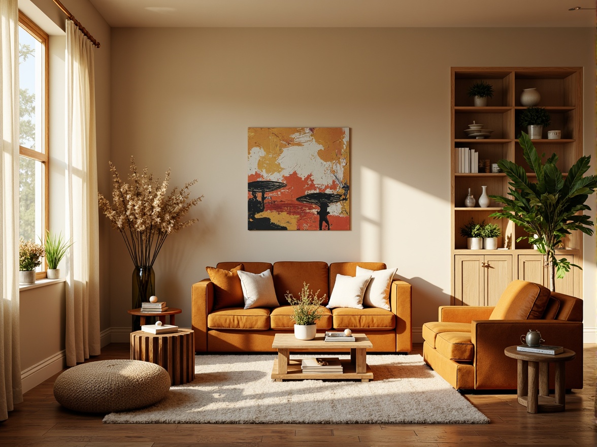 Prompt: Vibrant living room, cozy atmosphere, warm beige walls, rich brown furniture, soft golden lighting, plush area rugs, natural wood accents, elegant cream curtains, modern abstract artwork, eclectic decorative vases, lively greenery, blooming flowers, sunny afternoon, shallow depth of field, 1/1 composition, realistic textures, ambient occlusion.