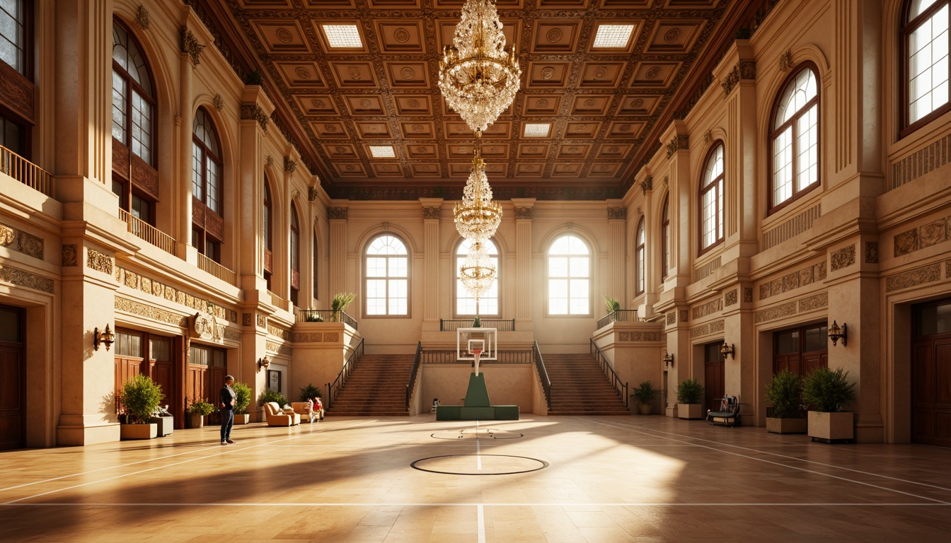 Prompt: Grandiose gymnasium, neoclassical architecture, ornate columns, intricate moldings, high ceilings, large chandeliers, crystal droplets, warm golden lighting, softbox lights, cove lighting, LED strip lights, elegant wooden floors, marble accents, athletic equipment, basketball hoops, volleyball nets, natural stone walls, majestic staircases, symmetrical composition, 1/1 aspect ratio, realistic shadows, ambient occlusion.