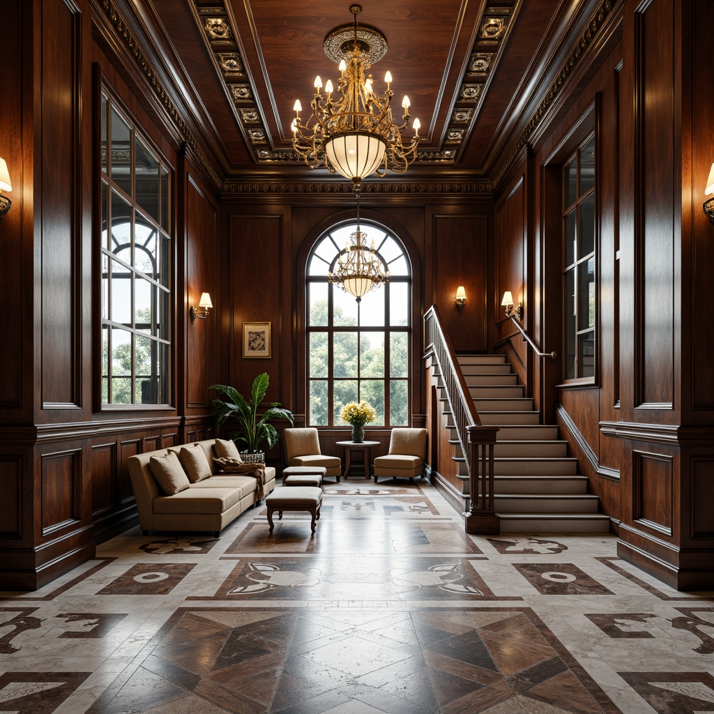 Prompt: \Polished marble floors, herringbone parquetry, dark-stained oak wood, ornate metal inlays, classic Greek-inspired motifs, stately columns, grand archways, sweeping staircases, elegant chandeliers, natural light pouring through large windows, soft warm glow of pendant lights, subtle texture variations, 1/1 composition, symmetrical framing, realistic material renderings, ambient occlusion.\